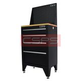 Tủ dụng cụ CSPS 61cm - 04 hộc kéo: Tủ đen tay cầm trắng mặt gỗ vách lưới chân tăng chỉnh nhìn nghiêng