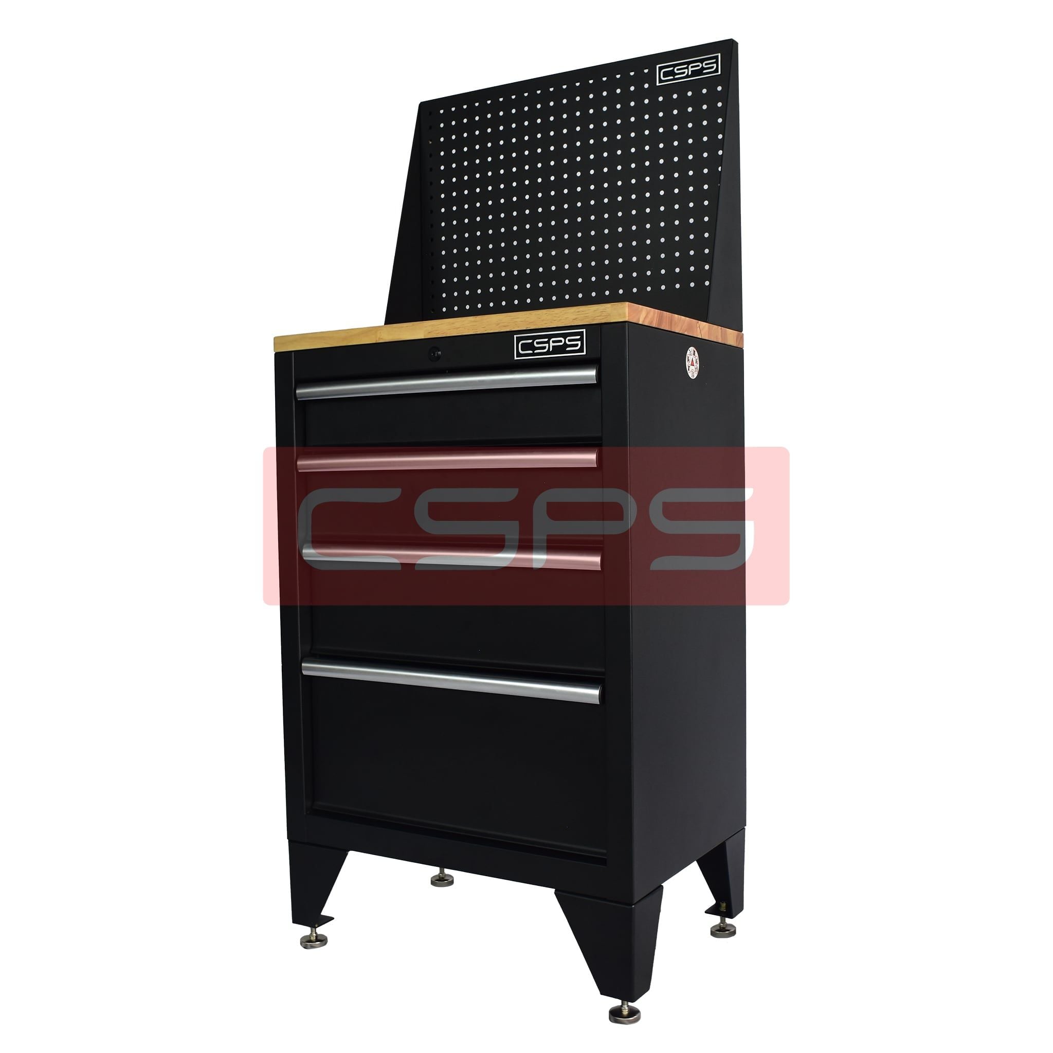 Tủ dụng cụ CSPS 61cm - 04 hộc kéo: Tủ đen tay cầm trắng mặt gỗ vách lưới chân tăng chỉnh nhìn nghiêng