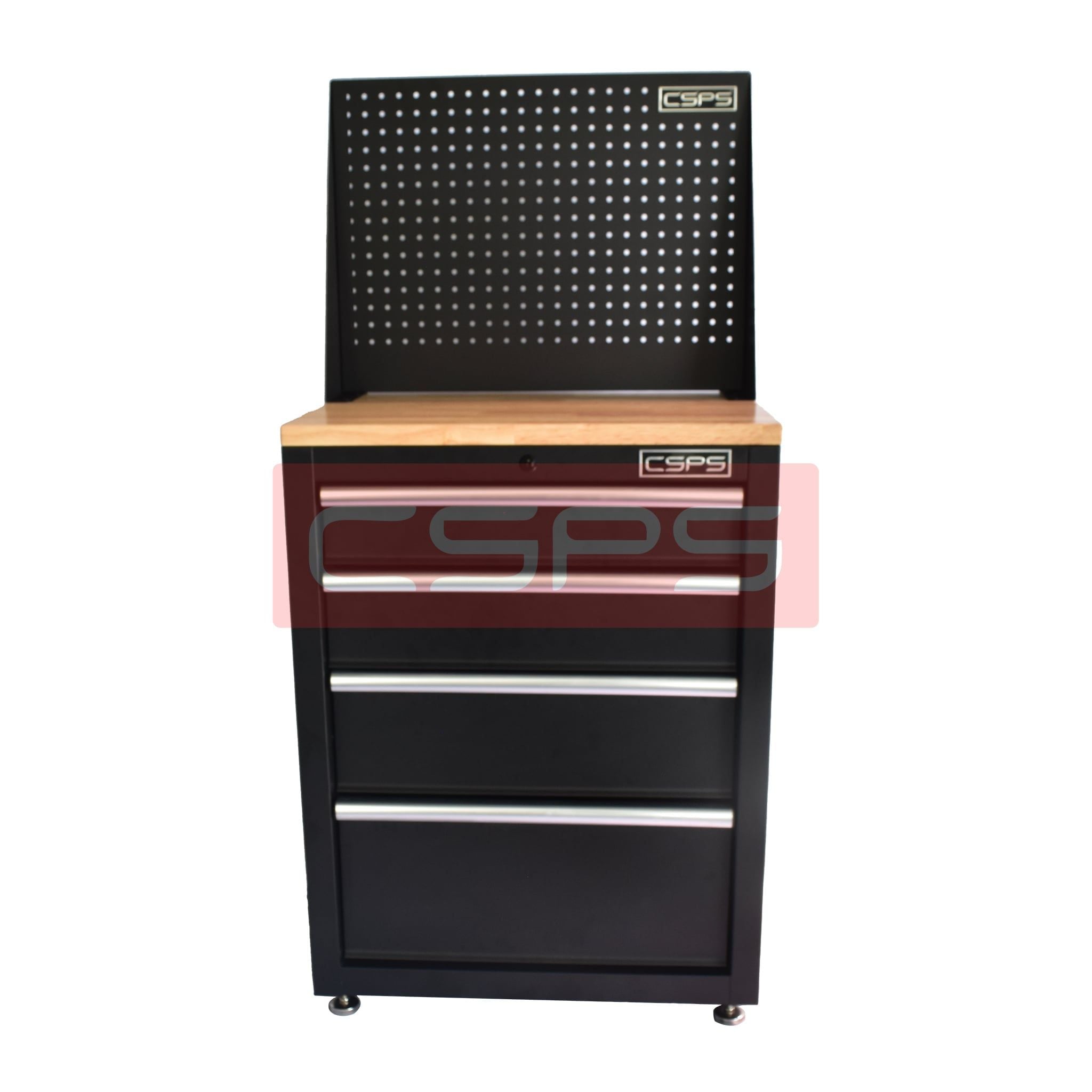 Tủ dụng cụ CSPS 61cm - 04 hộc kéo: Tủ đen tay cầm trắng mặt gỗ vách lưới chân đế chính diện