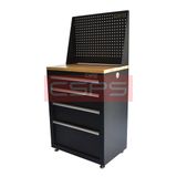 Tủ dụng cụ CSPS 61cm - 04 hộc kéo: Tủ đen tay cầm trắng mặt gỗ vách lưới chân đế nhìn nghiêng