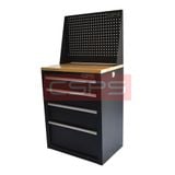 Tủ dụng cụ CSPS 61cm - 04 hộc kéo: Tủ đen tay cầm trắng mặt gỗ vách lưới chân đế góc bên
