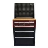 Tủ dụng cụ CSPS 61cm - 04 hộc kéo: Tủ đen tay cầm trắng mặt gỗ vách lưới chân đế góc trước