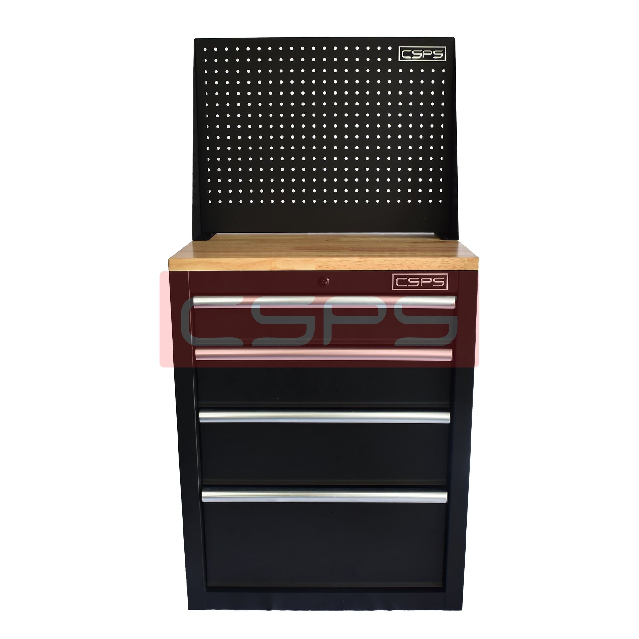 Tủ dụng cụ CSPS 61cm - 04 hộc kéo: Tủ đen tay cầm trắng mặt gỗ vách lưới chân đế góc trước