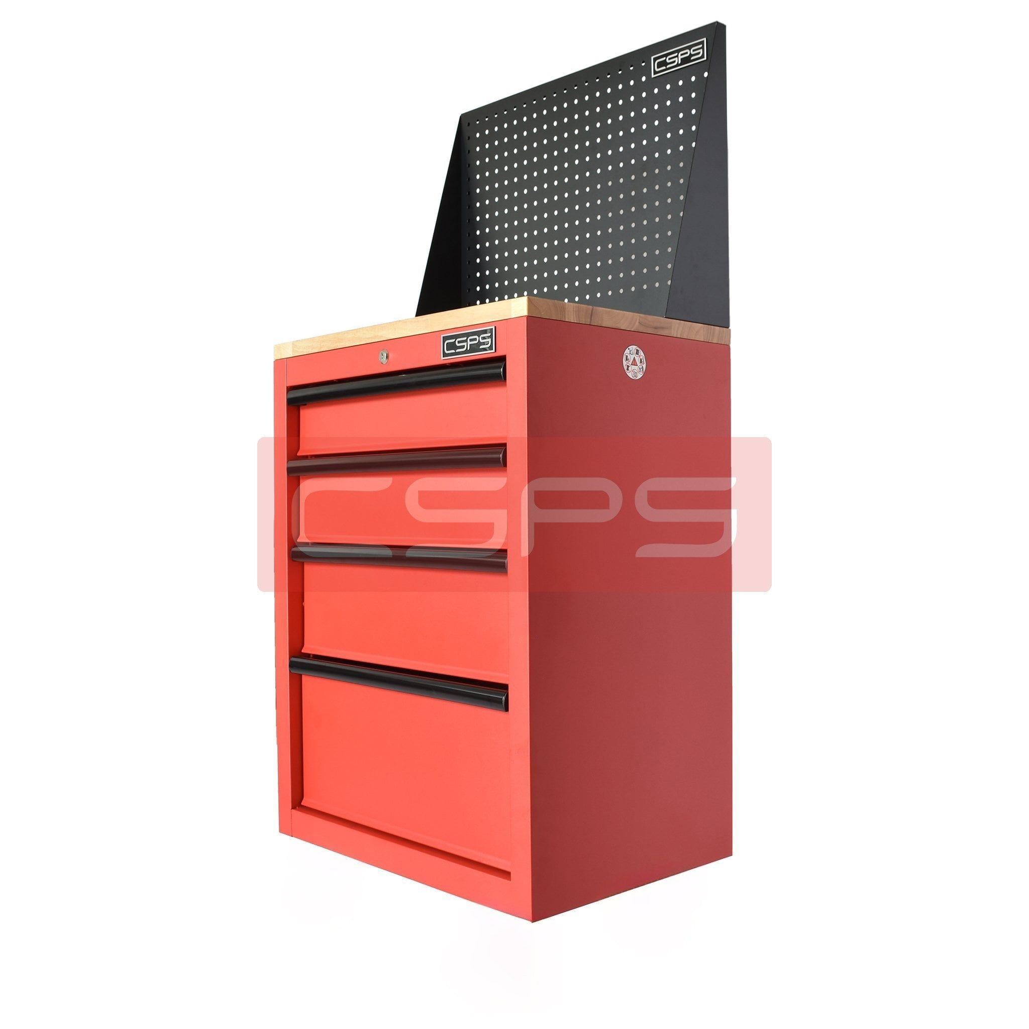 Tủ dụng cụ CSPS 61cm - 04 hộc kéo: Tủ đỏ mặt gỗ vách lưới nhìn nghiêng
