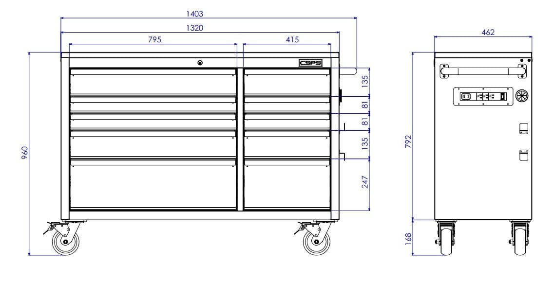Tủ dụng cụ CSPS 132cm - 10 hộc kéo: Bản vẽ kích thước tủ