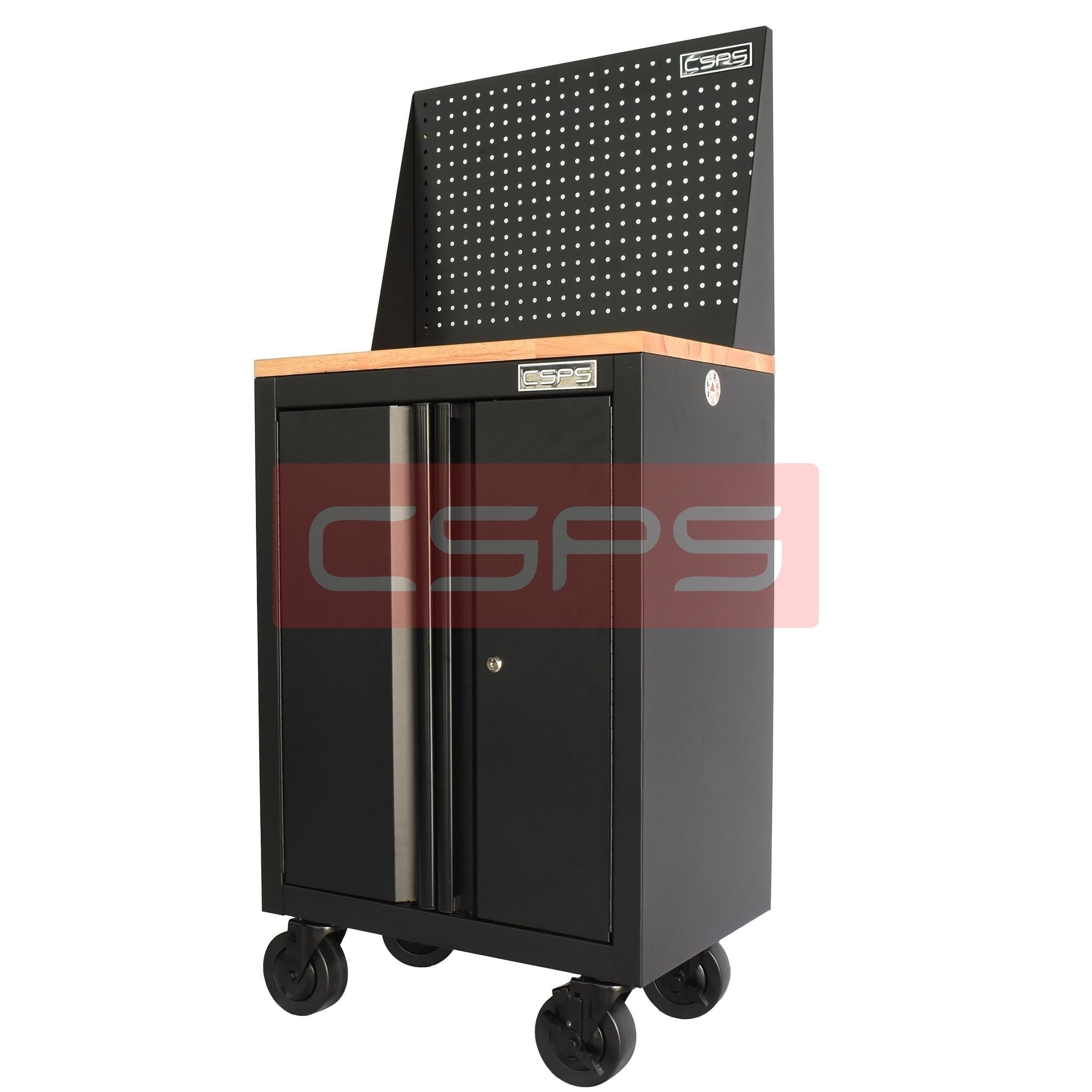 Tủ dụng cụ CSPS 61 cm không ngăn kéo màu đen, có mặt ván, vách lưới và bánh xe, góc trước bên phải