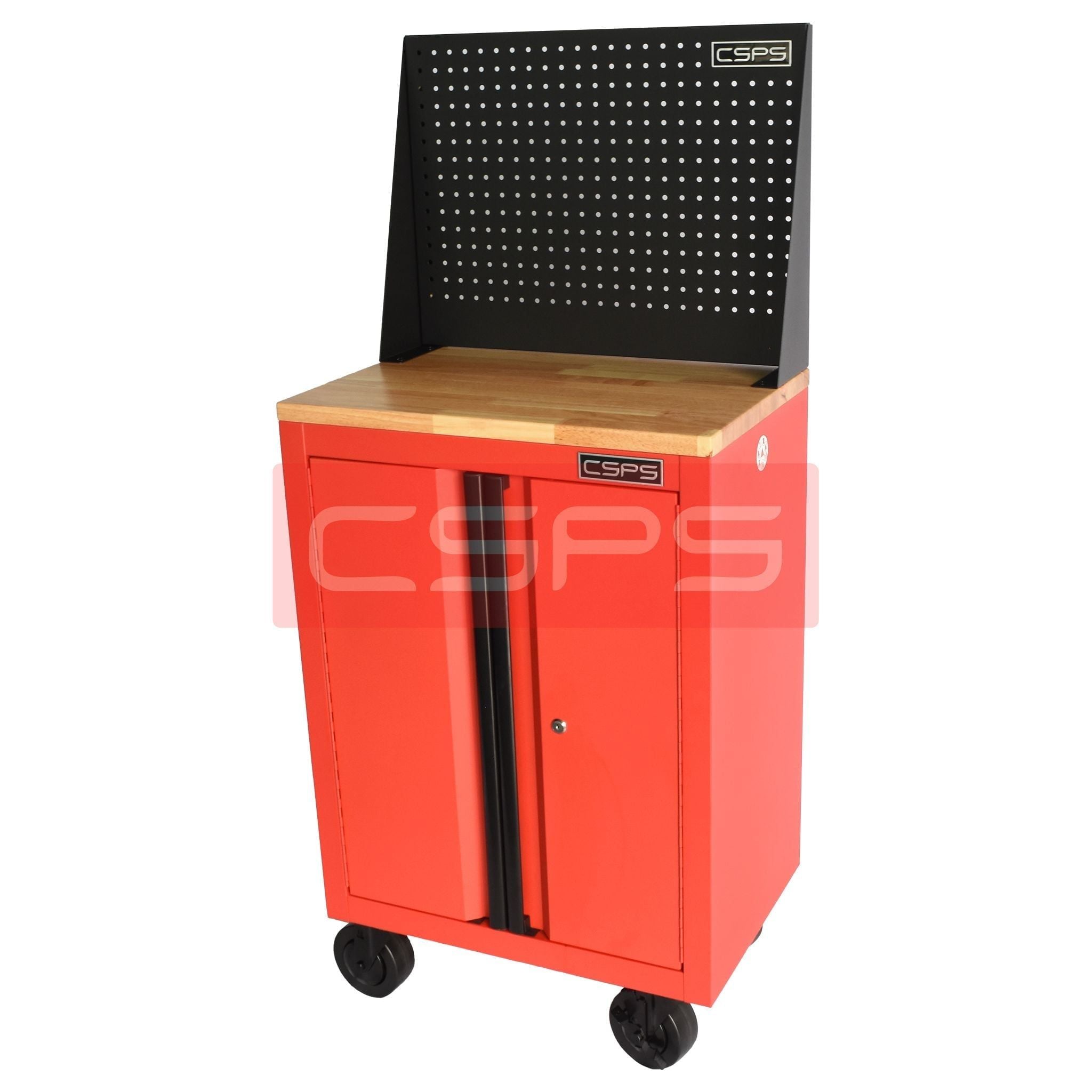 Tủ dụng cụ CSPS 61 cm không ngăn kéo màu đỏ, có mặt ván, vách lưới và bánh xe, góc nhìn từ trên bên trái