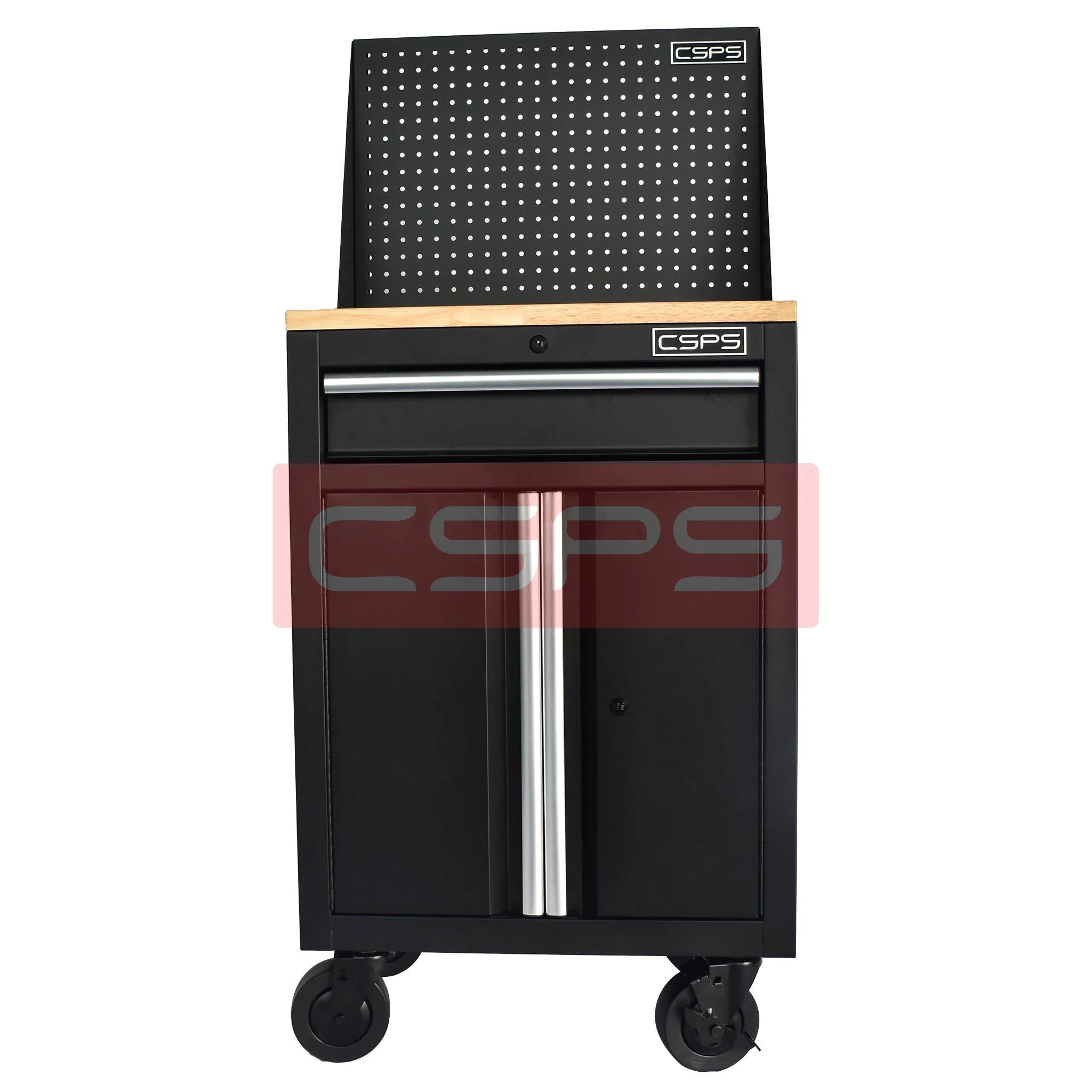 Tủ dụng cụ CSPS 61cm 1 hộc kéo màu đen tay cầm trắng, vách lưới, mặt gỗ và bánh xe - VNTC06101BB2