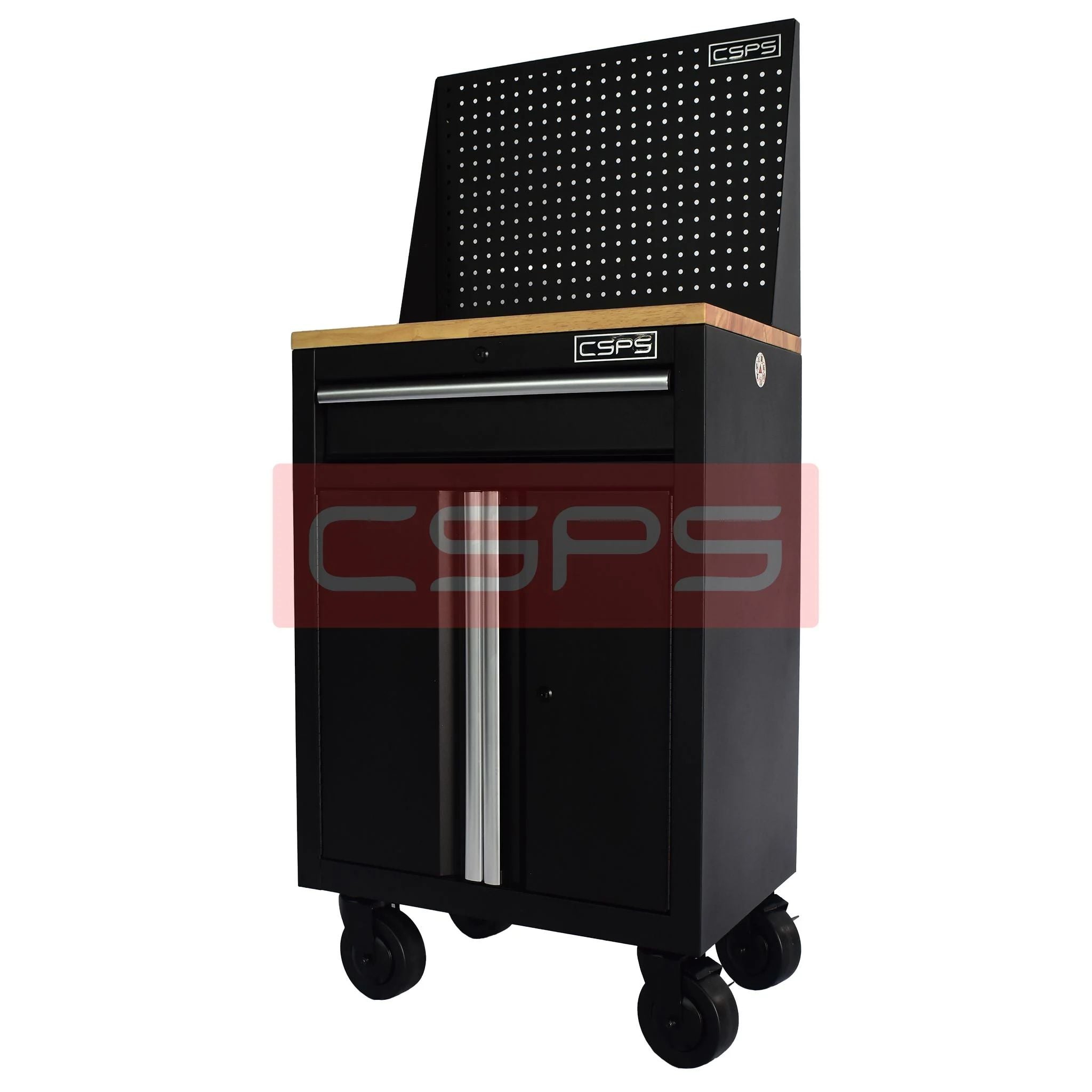 Tủ dụng cụ CSPS 61cm 1 hộc kéo màu đen tay cầm trắng, vách lưới, mặt gỗ và bánh xe - VNTC06101BB2