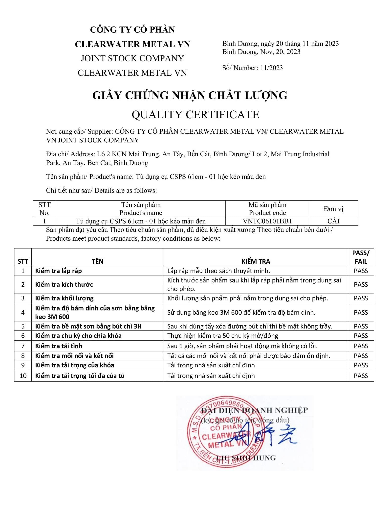 Giấy chứng nhận chất lượng tủ dụng cụ CSPS 61cm 1 hộc kéo màu đen