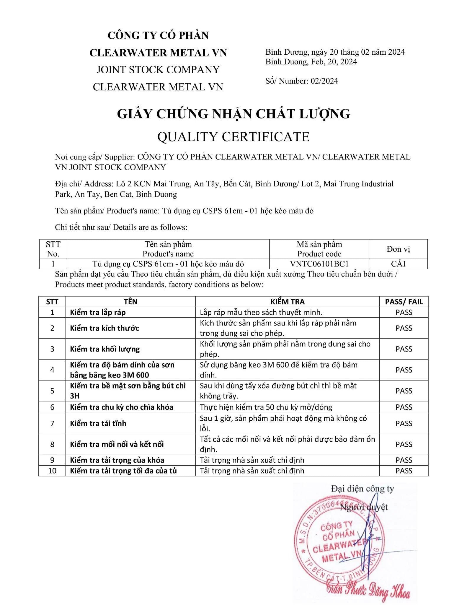 Giấy chứng nhận chất lượng tủ dụng cụ CSPS 61cm 1 hộc kéo màu đỏ