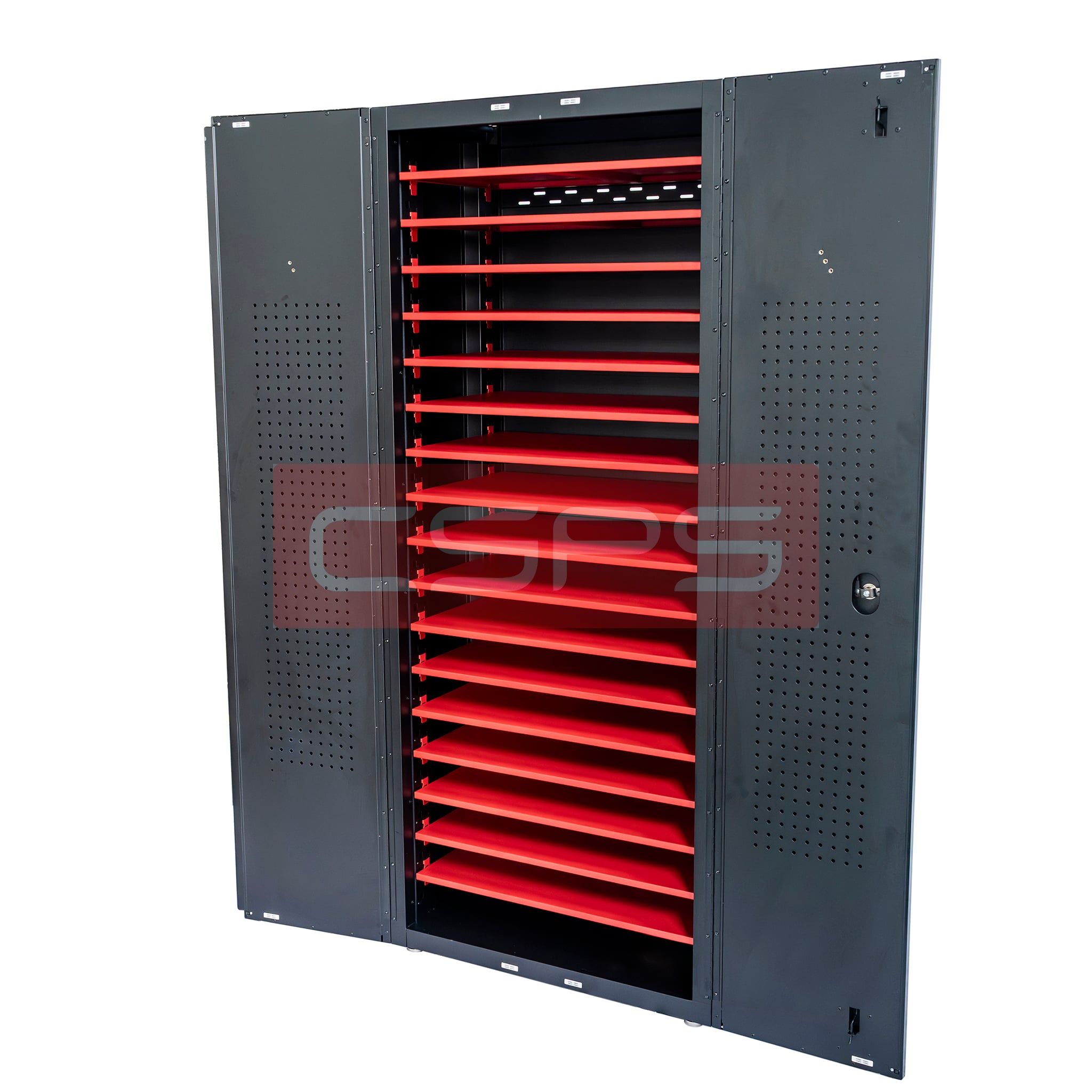 Vách ngăn tủ dụng cụ CSPS 76cm màu đen/đỏ: Vách ngăn đỏ lắp trong tủ đen nhìn nghiêng