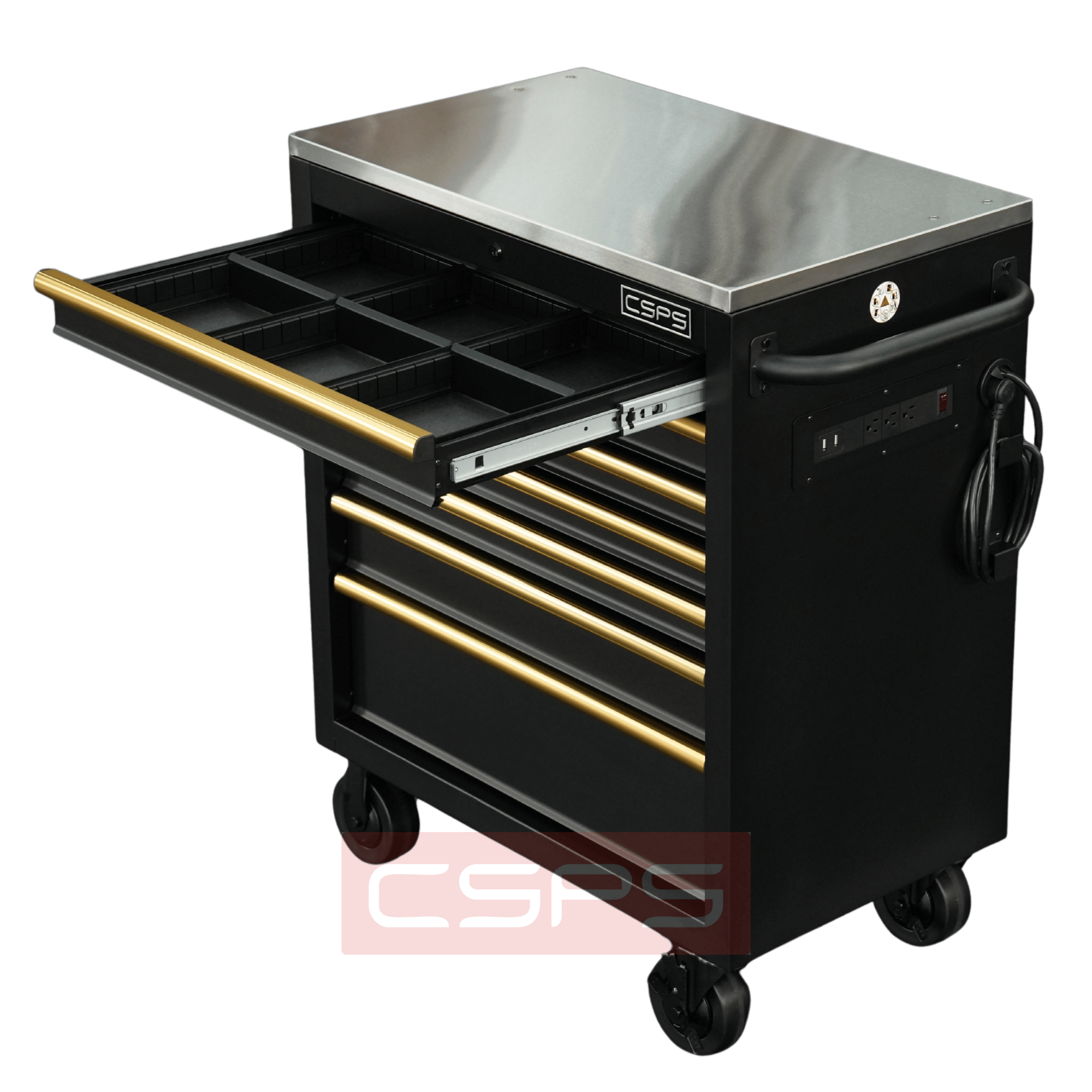 Ván ốp inox CSPS 76cm: Mặt inox trên tủ đen tay cầm vàng mở hộc
