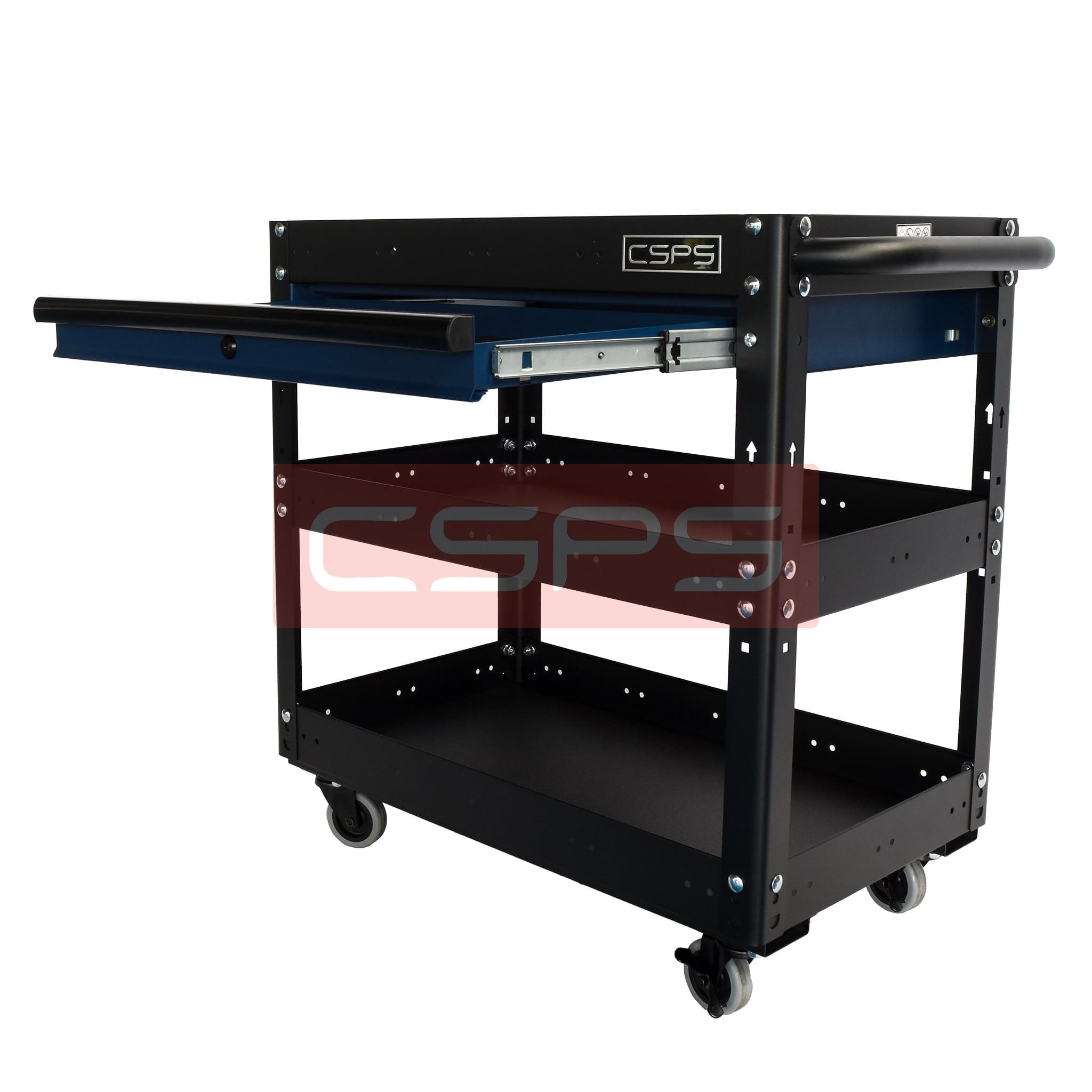 Xe đẩy CSPS 3 ngăn - 71cm: Xe đẩy đen không vách lưới mặt bàn mở rộng