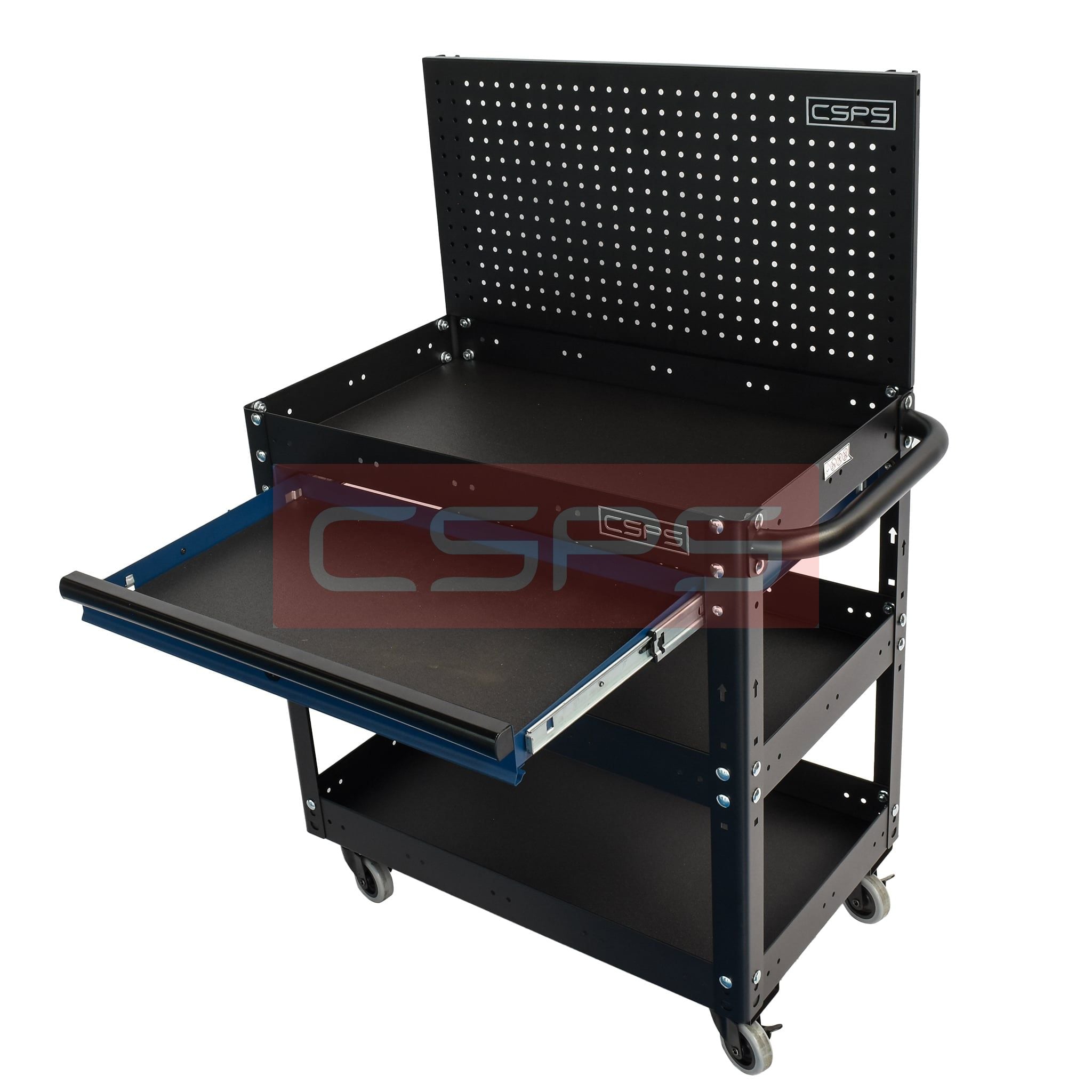 Xe đẩy CSPS 3 ngăn - 71cm: Xe đẩy đen vách lưới đen mặt bàn mở rộng