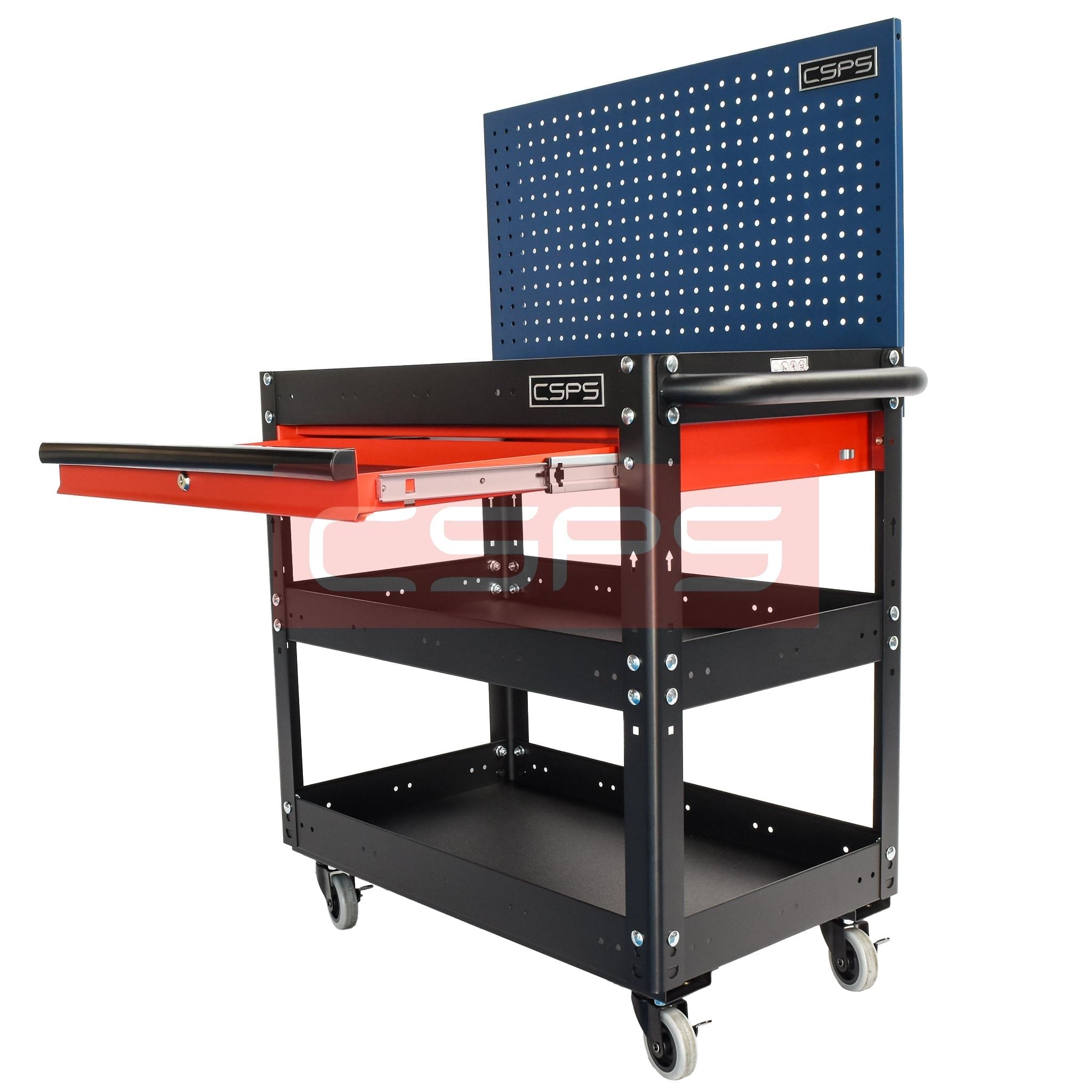 Xe đẩy CSPS 3 ngăn - 71cm: Xe đẩy đen vách lưới xanh mặt bàn mở rộng góc trái