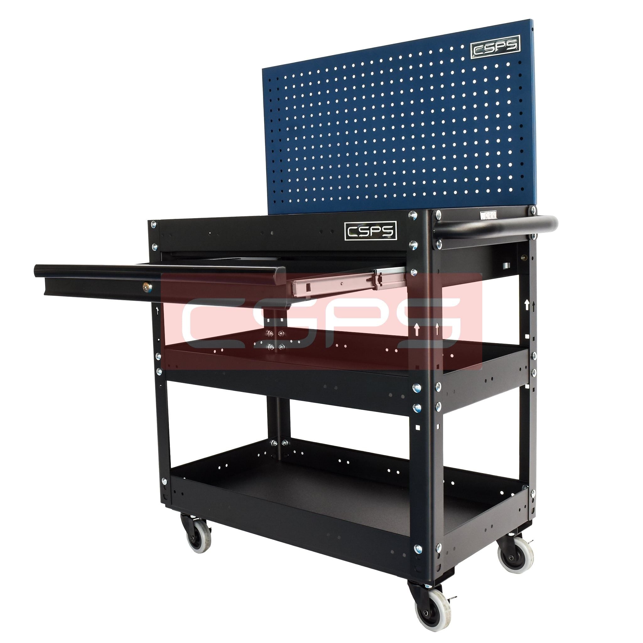 Xe đẩy CSPS 3 ngăn - 71cm: Xe đẩy đen vách lưới xanh mặt bàn mở rộng góc phải