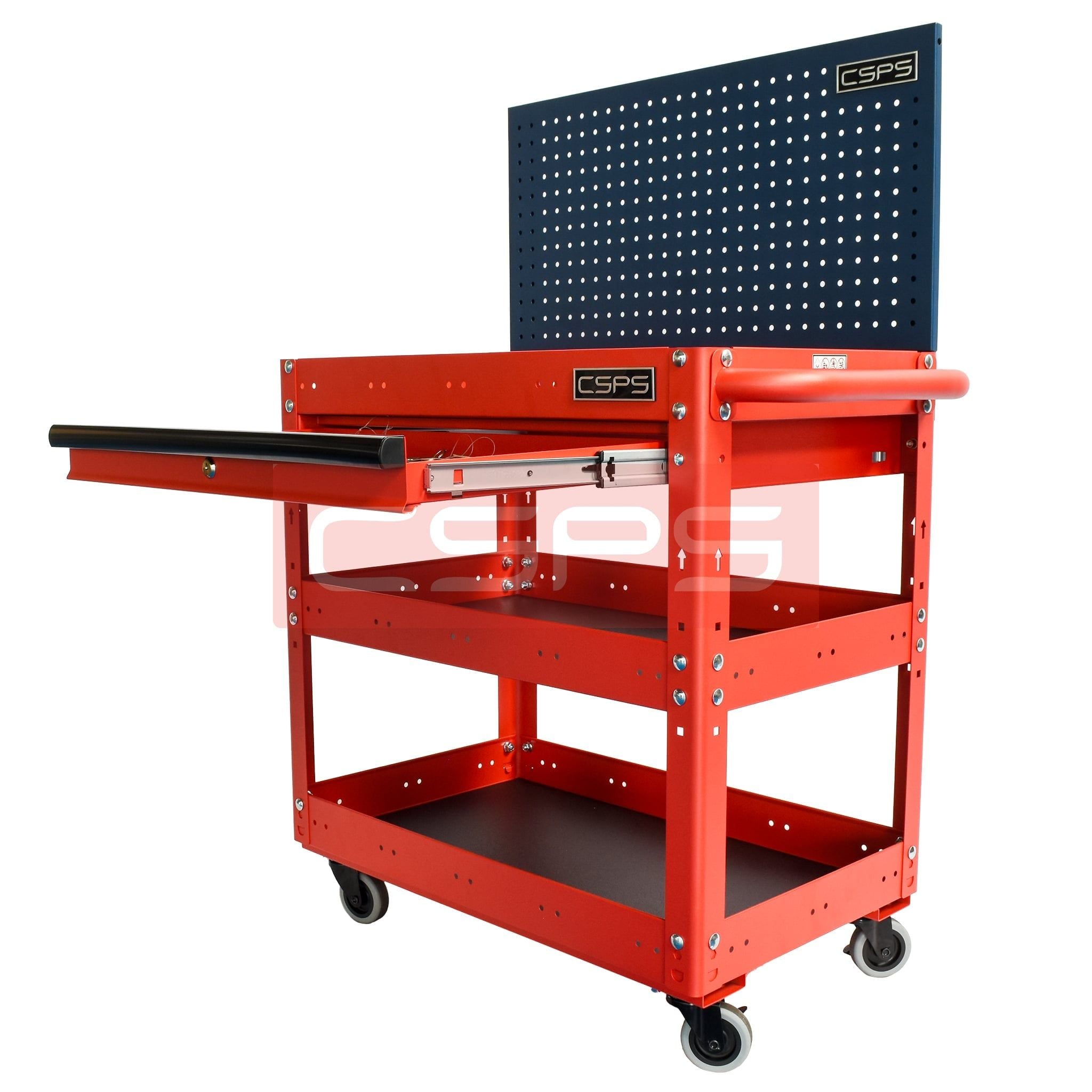 Xe đẩy CSPS 3 ngăn - 71cm: Xe đẩy đỏ vách lưới xanh mặt bàn mở rộng