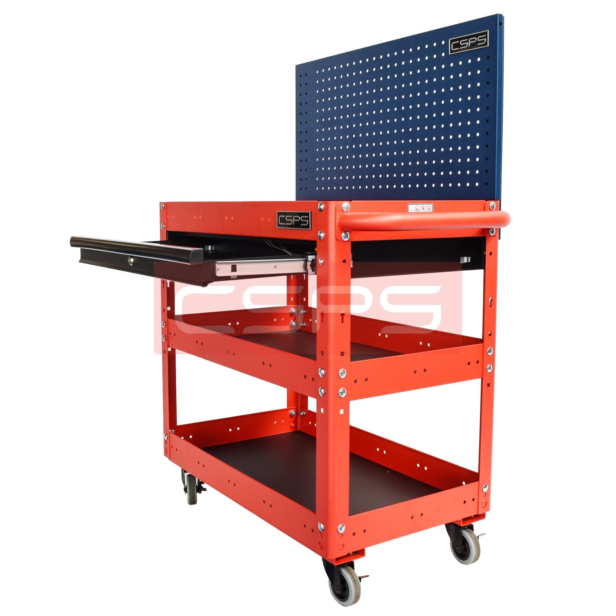 Xe đẩy CSPS 3 ngăn - 71cm: Xe đẩy đỏ vách lưới xanh mặt bàn mở rộng góc bên