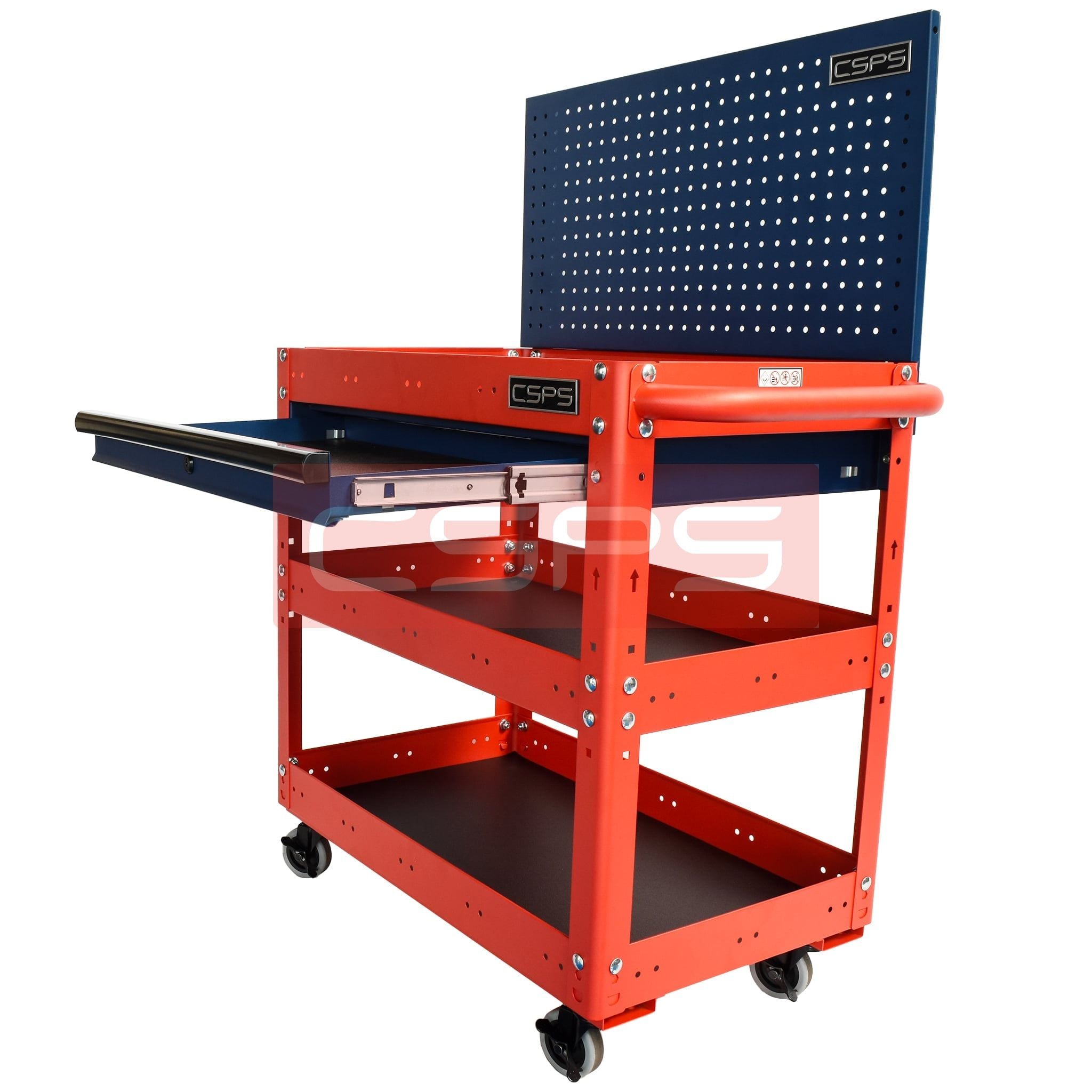 Xe đẩy CSPS 3 ngăn - 71cm: Xe đẩy đỏ vách lưới xanh nhìn nghiêng góc phải