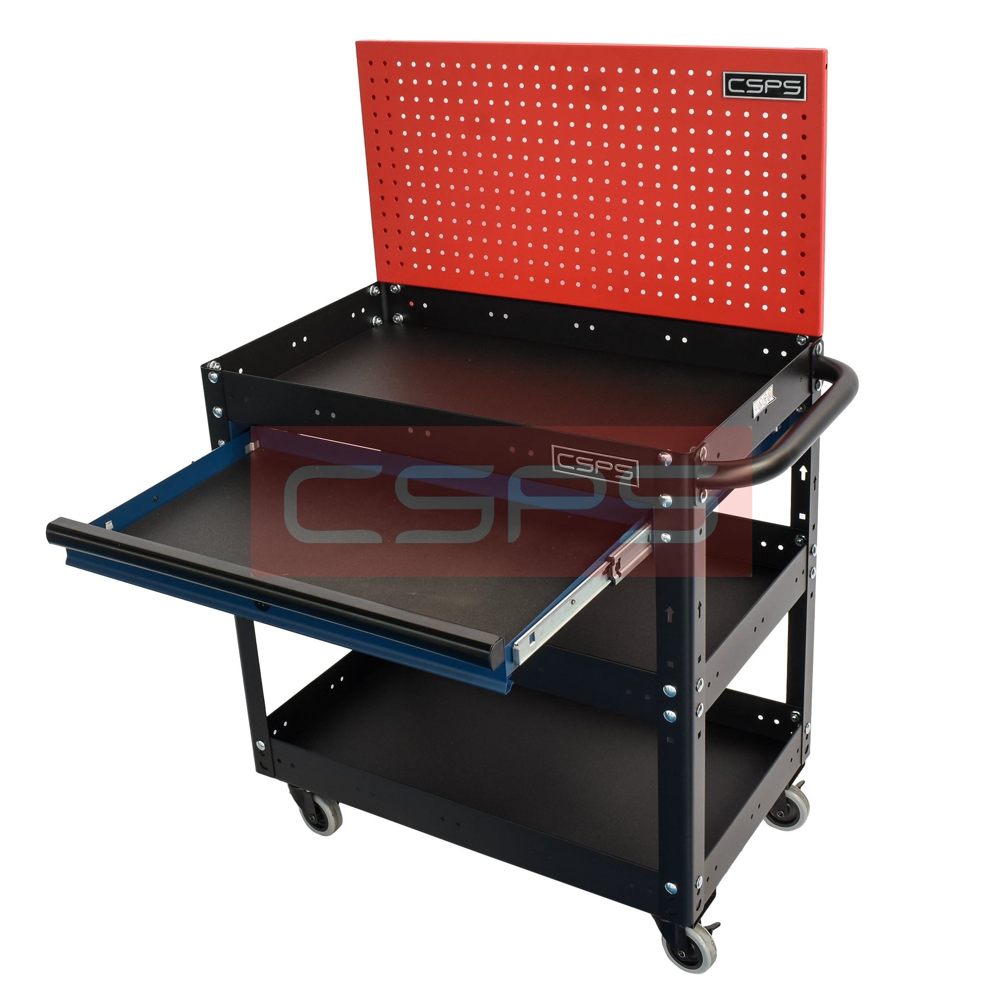 Xe đẩy CSPS 3 ngăn - 71cm: Xe đẩy xanh vách lưới đỏ mặt bàn mở rộng