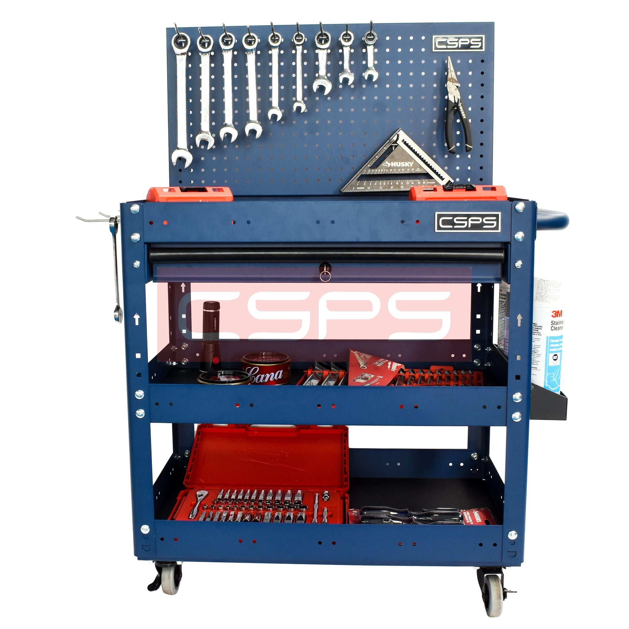 Xe đẩy CSPS 3 ngăn - 71cm: Xe đẩy xanh vách lưới có bộ dụng cụ chính diện