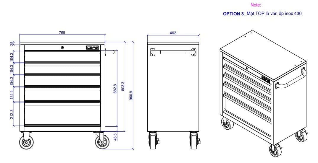  Tủ dụng cụ CSPS 76cm - 05 hộc kéo không nâng hạ version mới 