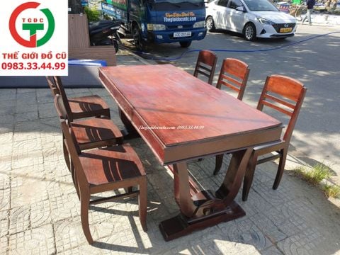 BỘ BÀN TRÀ CHÂN V 6 GHẾ GỖ GÕ XƯA