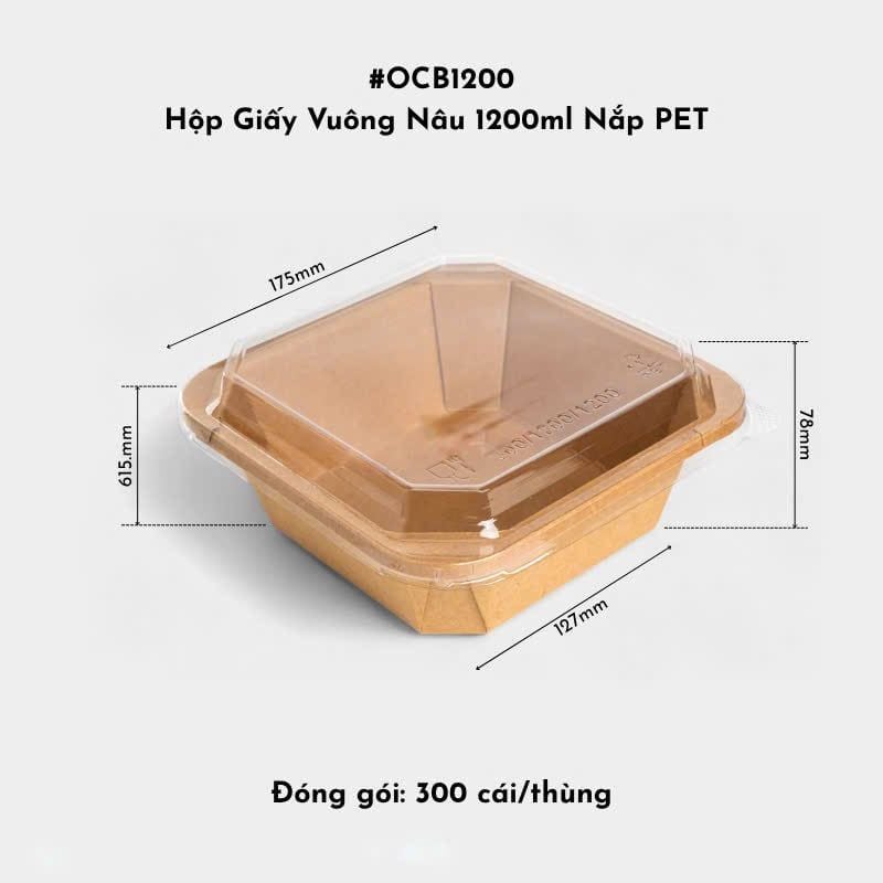 Hộp Giấy Vuông Nâu OCB1200 1200ml Nắp PET 