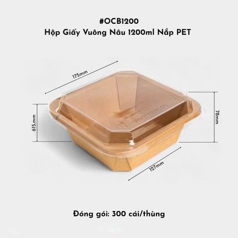 Hộp Giấy Vuông Nâu OCB1200 1200ml Nắp PET