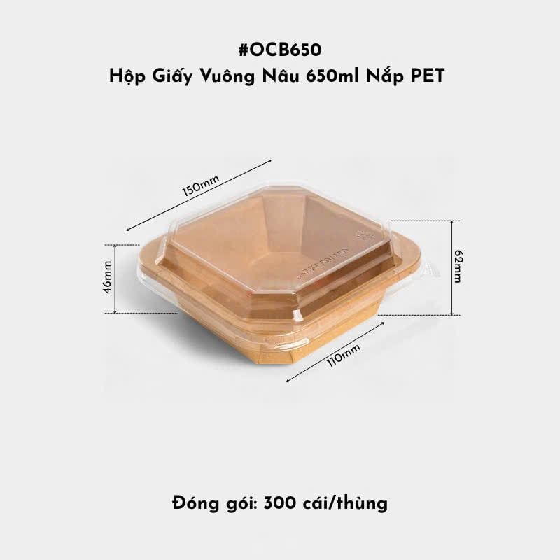  Hộp Giấy Vuông Nâu OCB650 650ml Nắp PET 