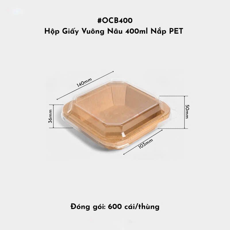  Hộp Giấy Vuông Nâu OCB400 400ml Nắp PET 