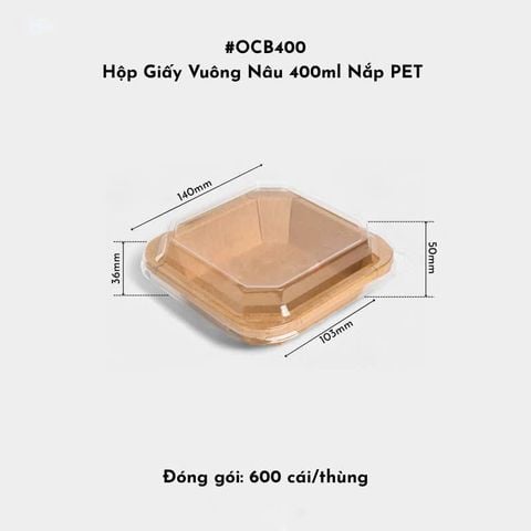 Hộp Giấy Vuông Nâu OCB400 400ml Nắp PET