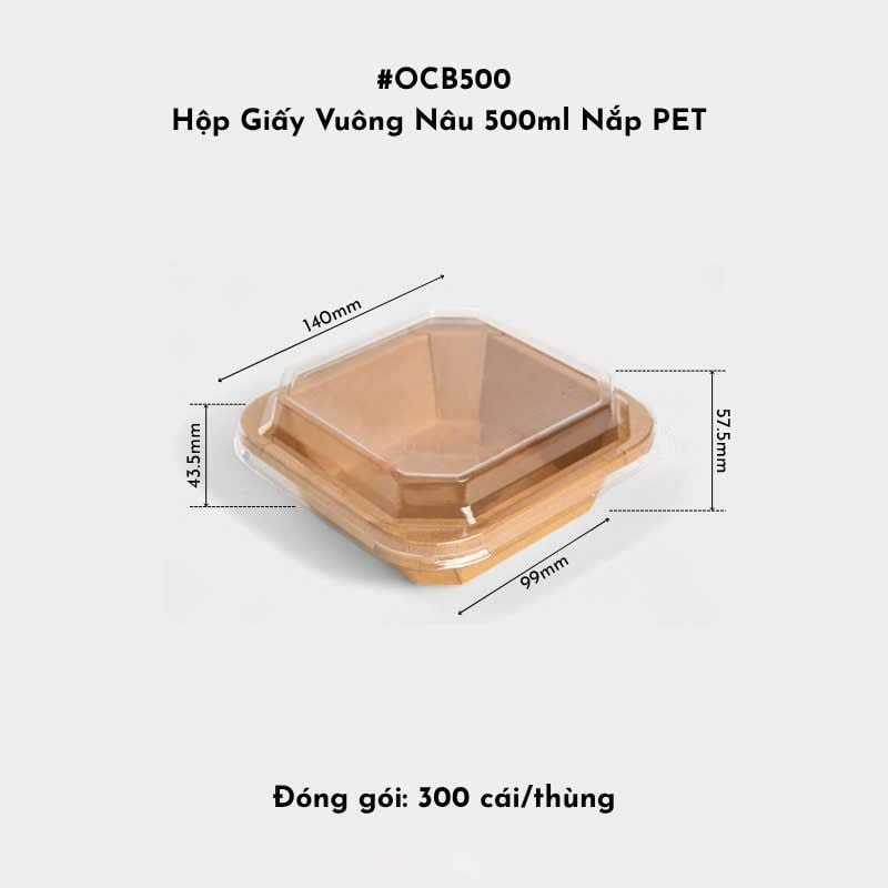  Hộp Giấy Vuông Nâu OCB500 500ml Nắp PET 