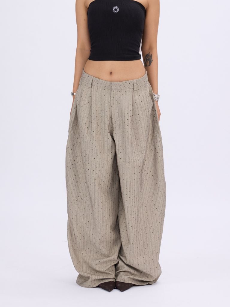  TSUN Rhinestones Wide Pleated Pants - Beige - Quần Tây Dáng Rộng Đính Đá 