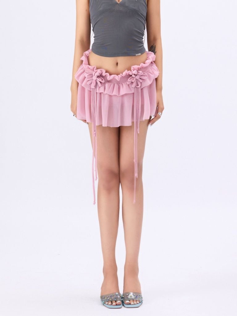  TSUN Mauve Mini Skirt - Chân Váy Ngắn Xoè Thun Lưới Hồng 
