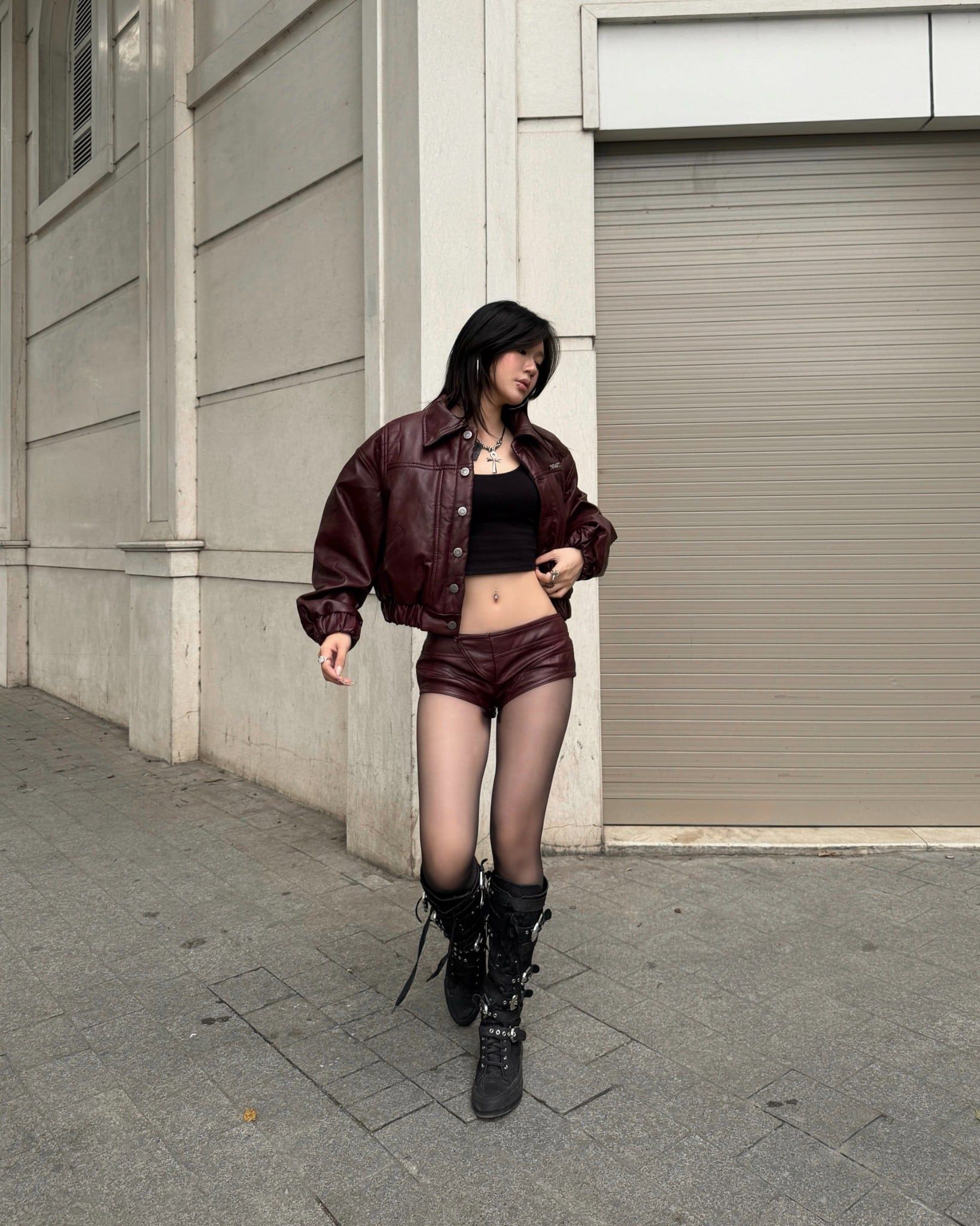  TSUN Lexon Leather Effect Jacket Red Wine - Áo Khoác Hiệu Ứng Da Lexon Đỏ Rượu 