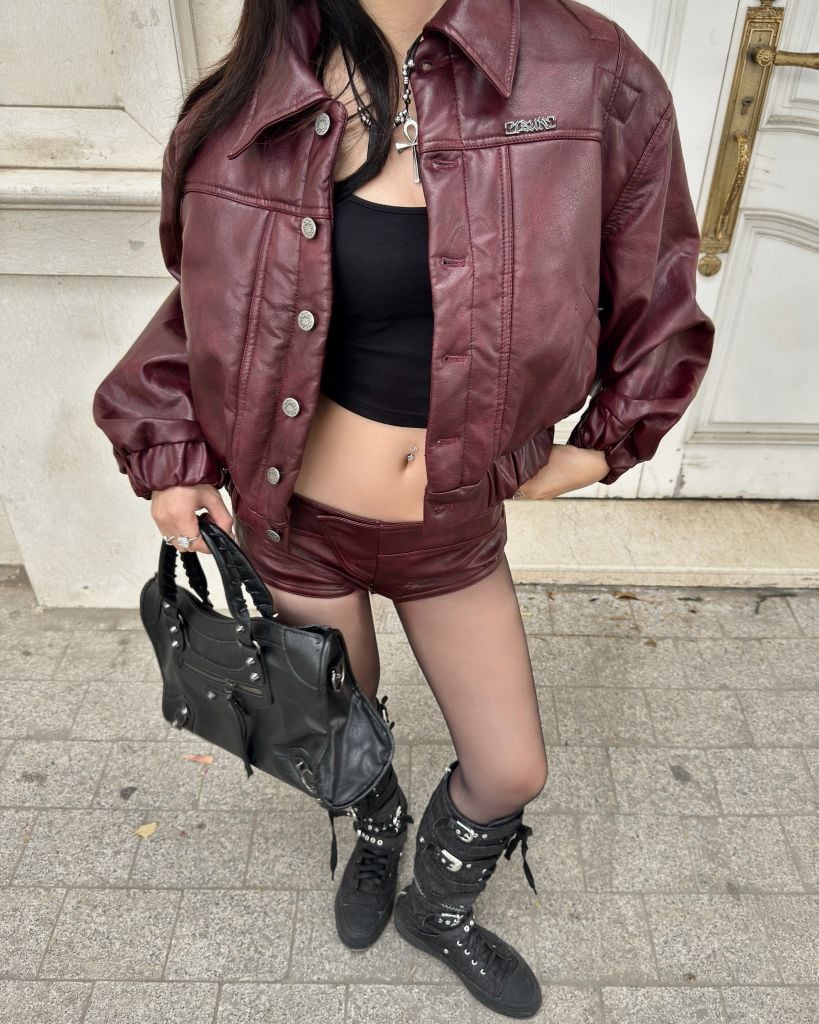  TSUN Lexon Leather Effect Jacket Red Wine - Áo Khoác Hiệu Ứng Da Lexon Đỏ Rượu 