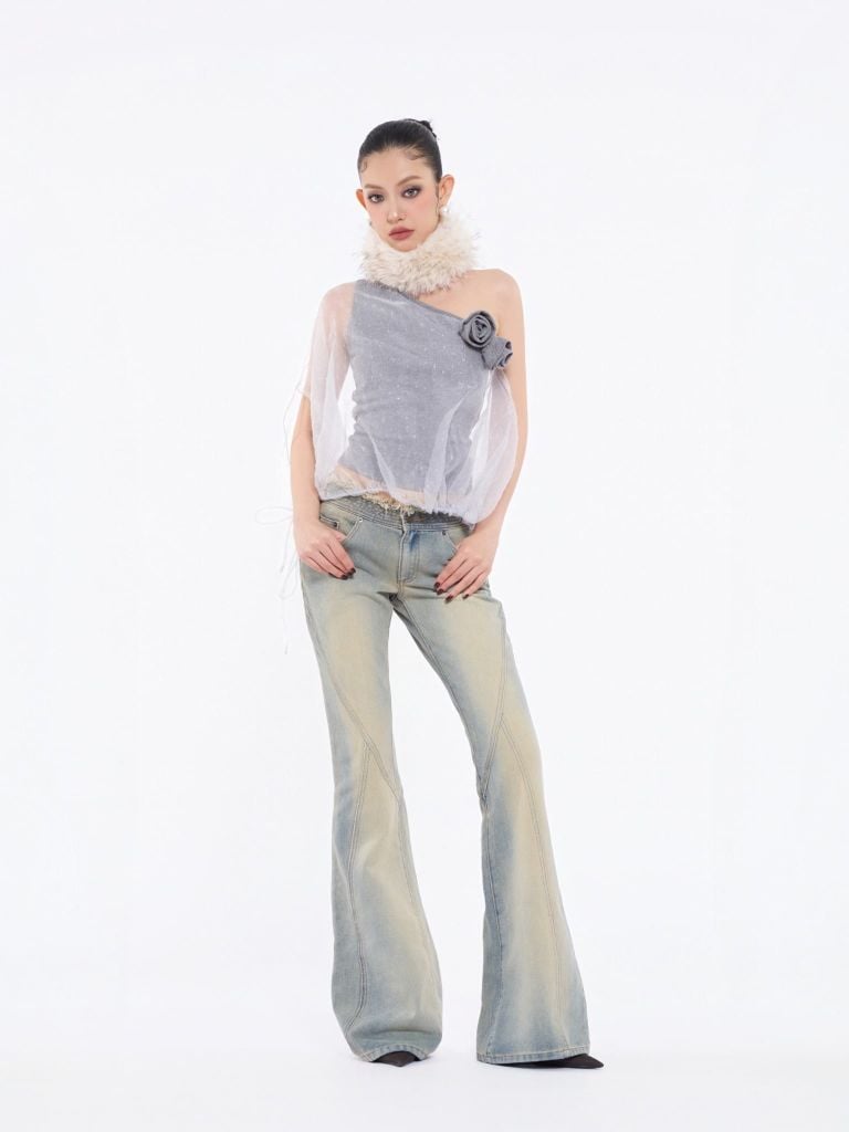  TSUN Luna Top - Áo Lệch Vai Phối Voan Trong Suốt 