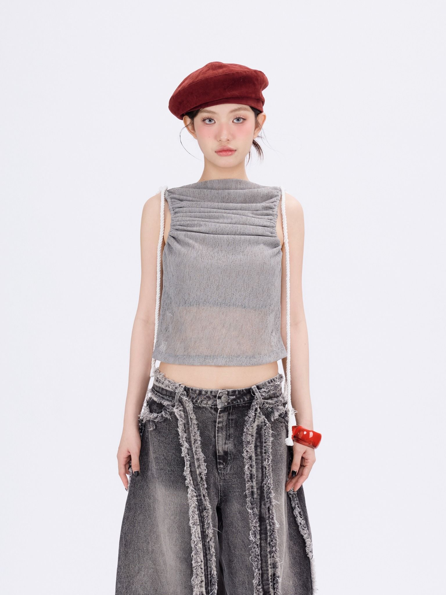  TSUN Ashlyn Top Grey - Áo Thun Lưới Kiểu Sát Nách Hở Lưng 