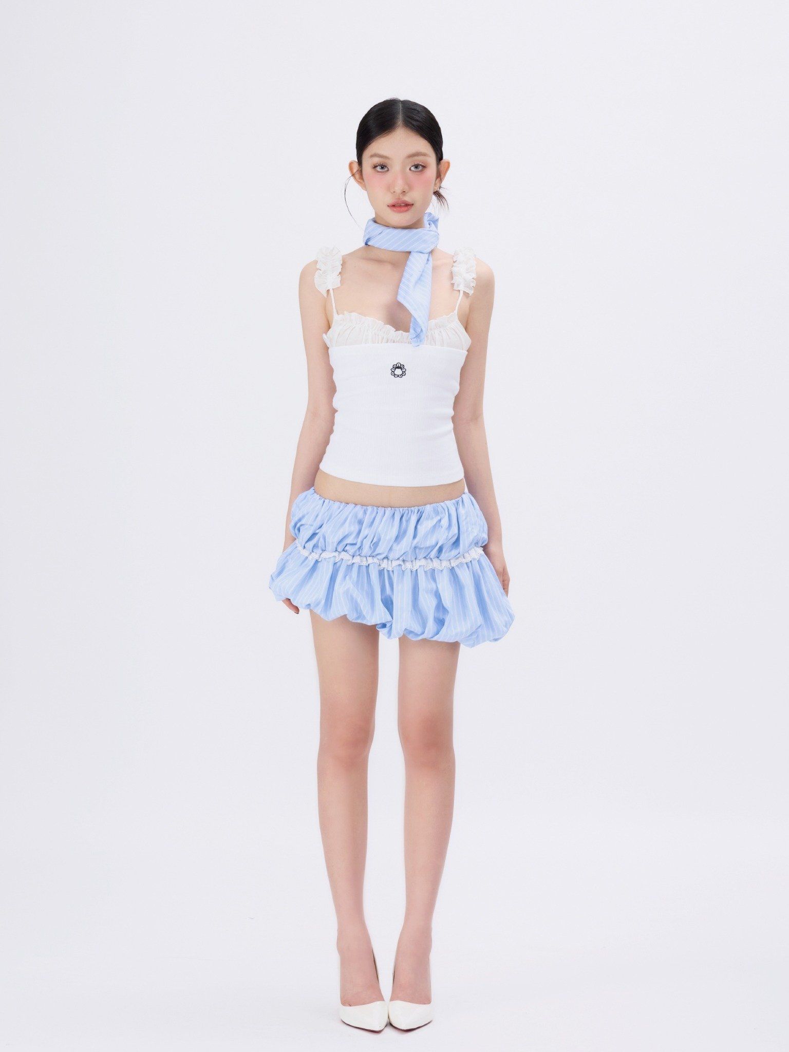 TSUN Chloe Stripes Mini Skirt Blue - Váy Quần Bí Sọc Xanh Phối Ren 
