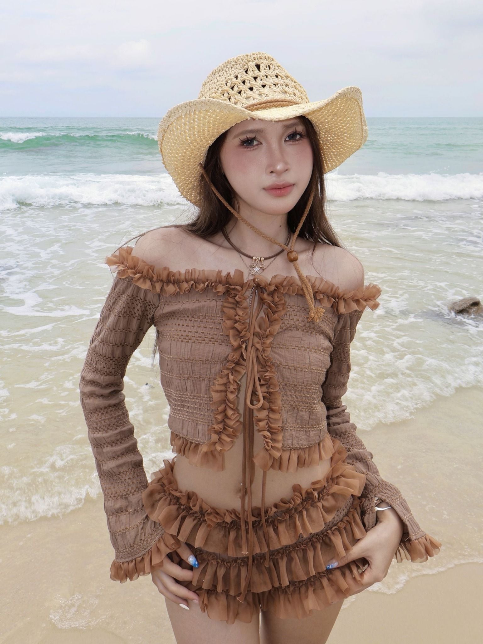  TSUN Cinnamon Charm Top - Áo Bèo Nhún Nâu Tay Dài 