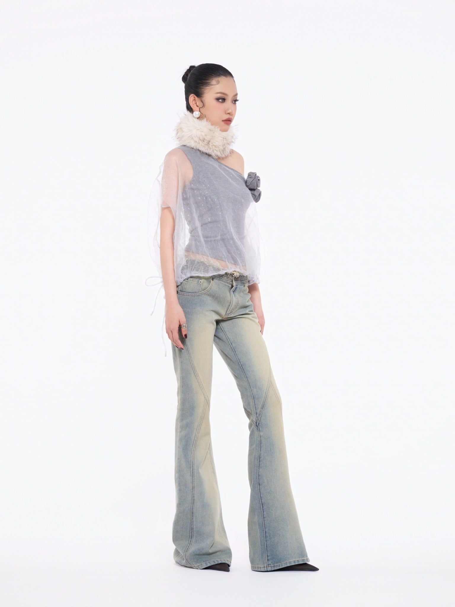  TSUN Luna Top - Áo Lệch Vai Phối Voan Trong Suốt 