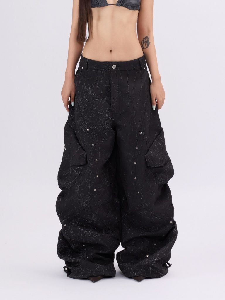  TSUN Thunder Cargo Wide-Leg Pants Black - Quần Dài Túi Hộp Ống Rộng Phối Đinh Tán Đen 