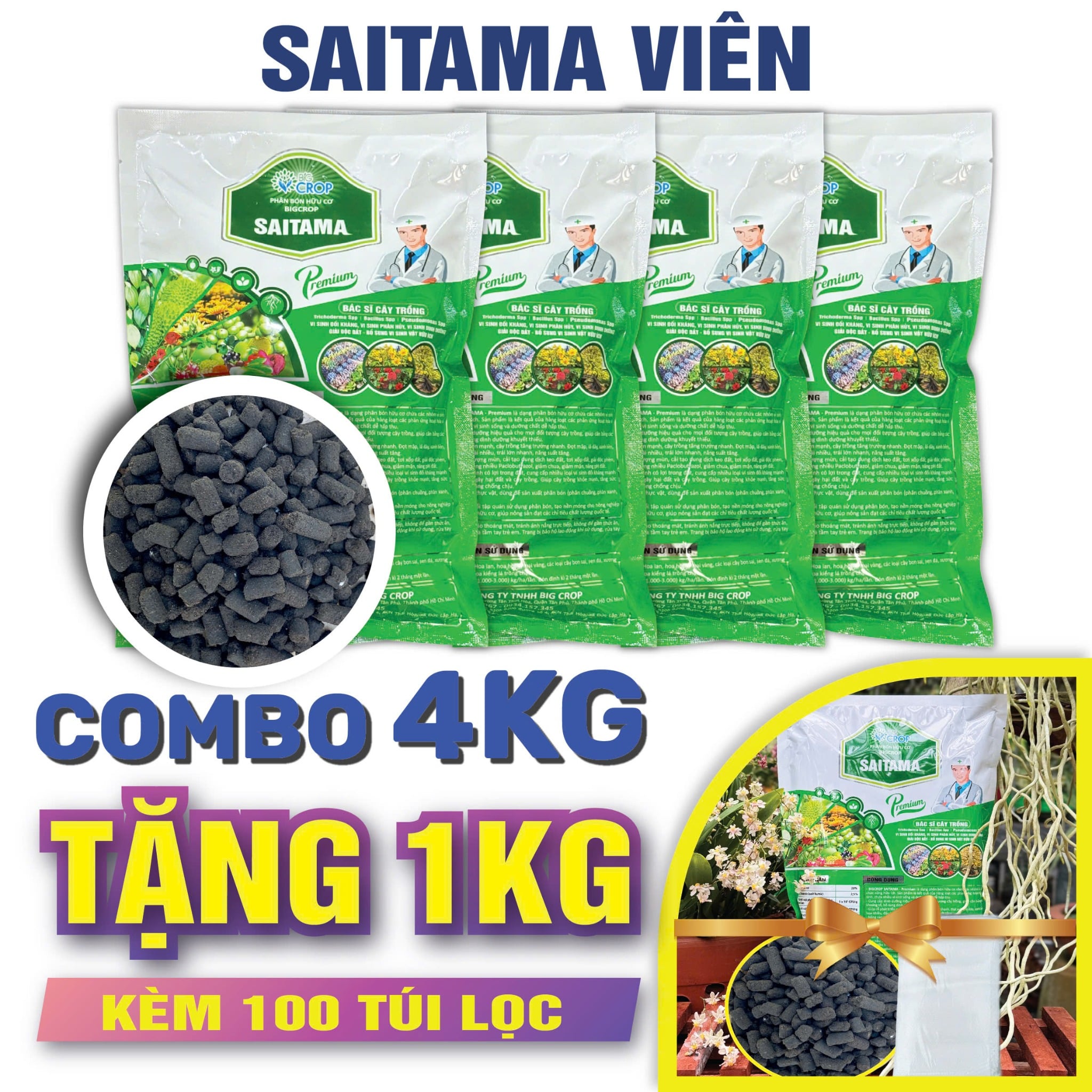 Goc247 - Phân Tan Chậm (VIÊN NÉN) Hữu Cơ Vi Sinh Dùng Cho Phong Lan, Cây Cảnh, Hoa Mai, Hoa Hồng, Rau - Saitama 1kg/gói