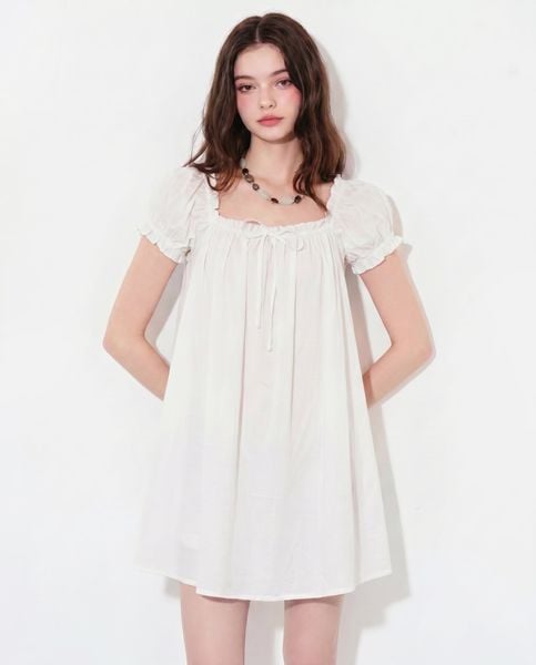  Đầm tay phồng đính nơ - Trắng - D0744 