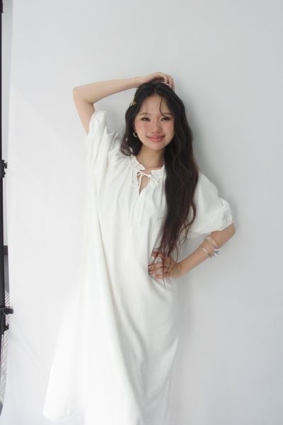  Đầm dài cổ bèo cột nơ - Trắng - D0714 