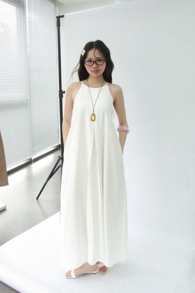  Đầm xếp li cổ yếm - Trắng - D0716 