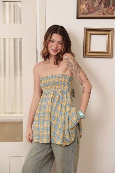  Đầm mini kẻ ô dáng xoè - Vàng - D0720 