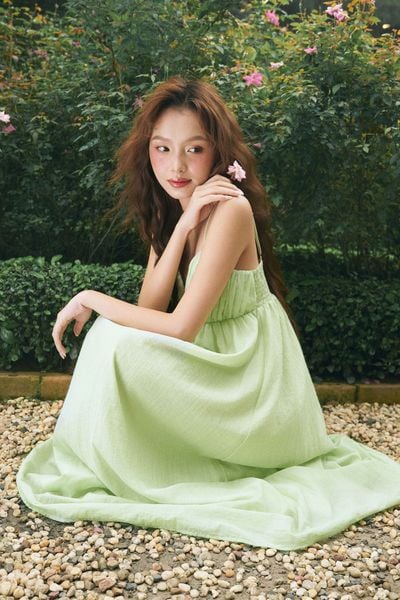  Đầm midi xếp nếp ngực - Xanh lá - D0730 